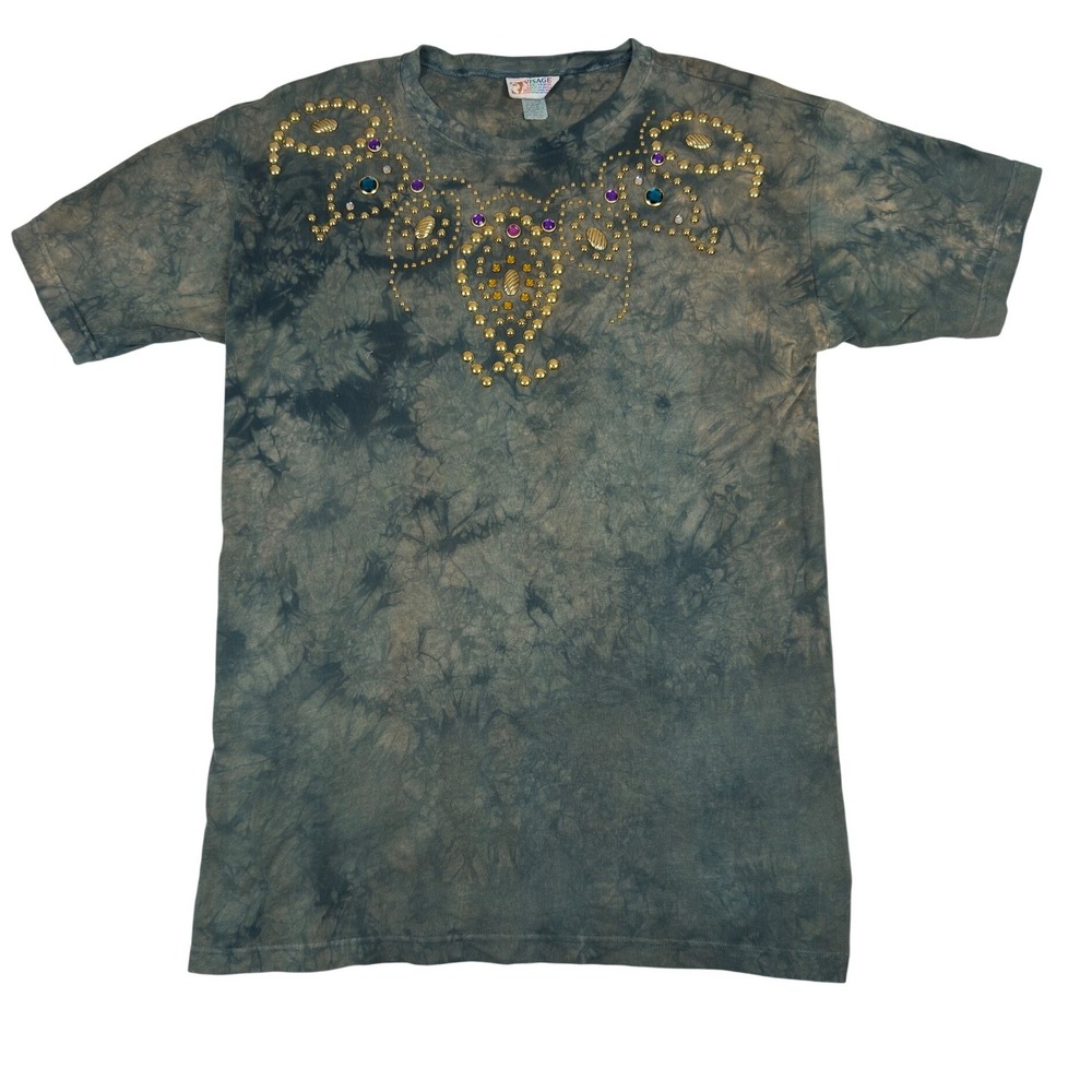 Visage Ladies Fashion Tie Dye Studded Rhinestone T-Shirt Green One Size USA Made